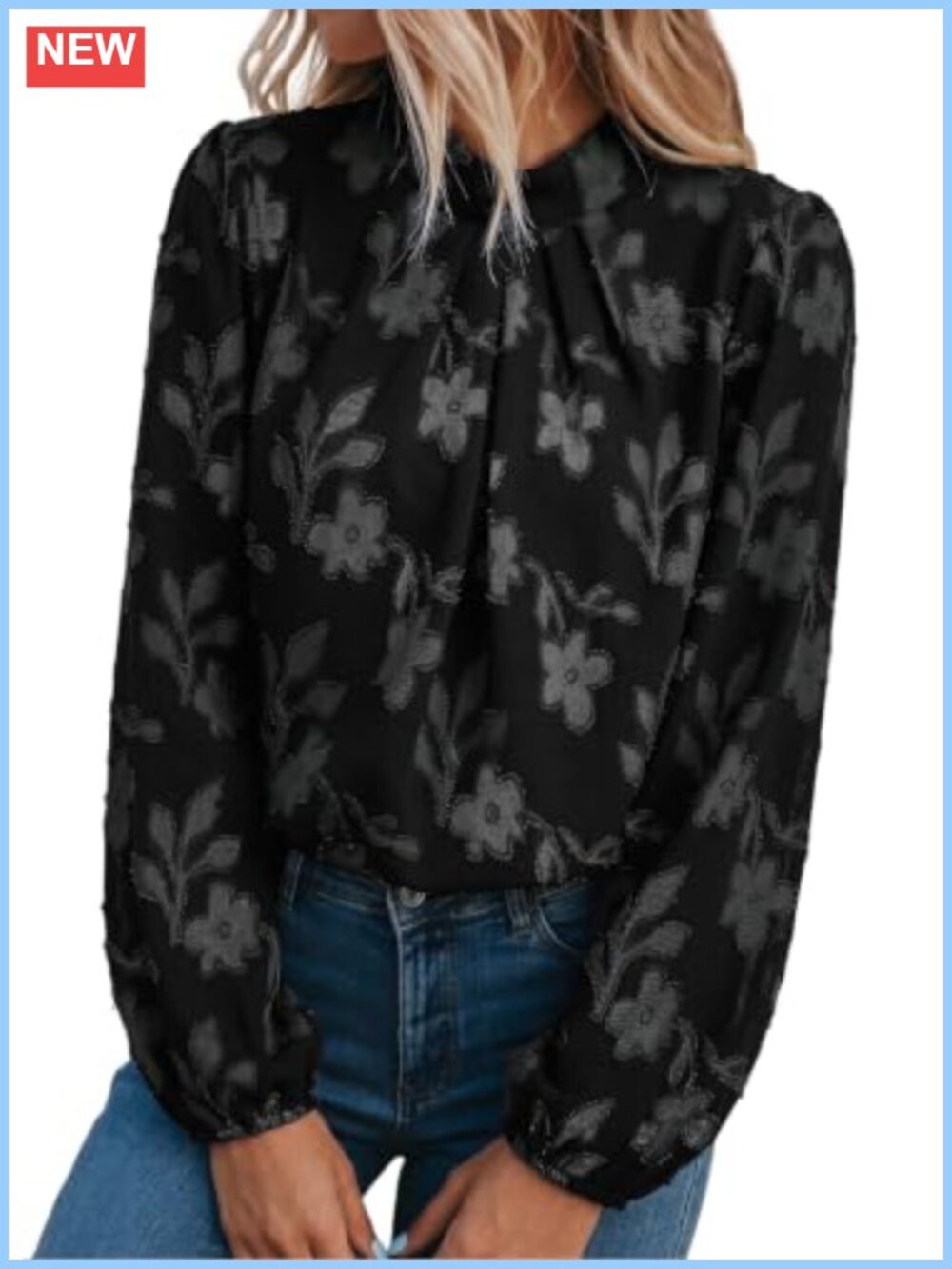 Womens Mock Neck Pleated Floral Burnout Long Sleeve Blouse
